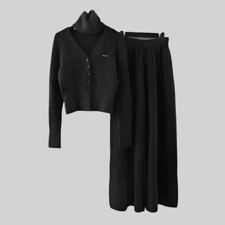 3-Piece Knitted Set - V-Neck Sweater, Cardigan, and Wide-Leg Pants