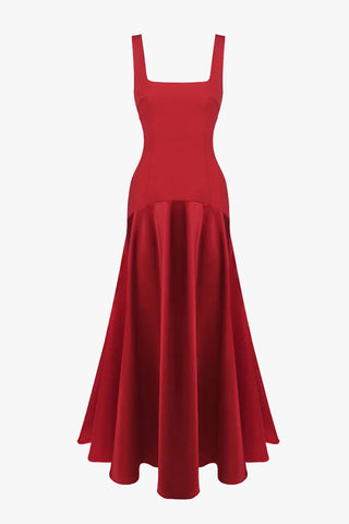 Square Neck Fitted Bodice Long Dress with Flared Satin Skirt
