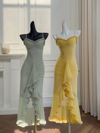 Elegant Sleeveless Long Mesh Dress with Ruffled Details