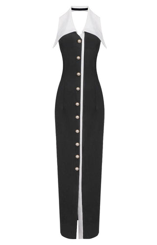 Elegant Long Button-Down Halter Dress with Collar