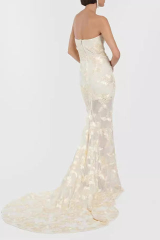 Strapless 3D Floral Mesh Gown with Train