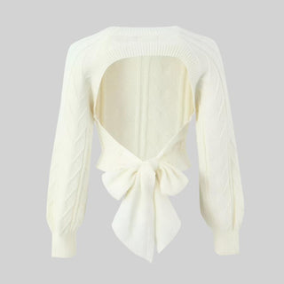 Long Sleeve Backless Knitted Sweater Top with Bow Detail