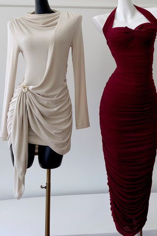 Cream Long-Sleeve Draped Mini Dress with Rhinestone Detail