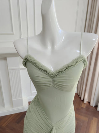 Elegant Sleeveless Long Mesh Dress with Ruffled Details