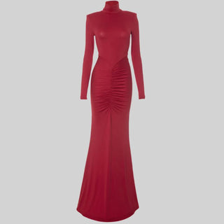 Elegant Red Long-Sleeve Evening Dress with Shoulder Pads and Ruched Hip Detail - Fishtail Maxi Gown