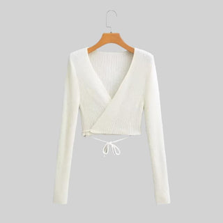 Slim Fit V-Neck Wrap-Around Long Sleeve Crop Top