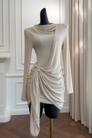 Cream Long-Sleeve Draped Mini Dress with Rhinestone Detail