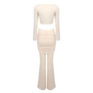 Chic Sheer Ruched Two-Piece Set - Elegant Long Sleeve Top & Flared Pants Combo