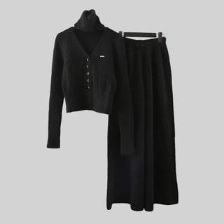 3-Piece Knitted Set - V-Neck Sweater, Cardigan, and Wide-Leg Pants