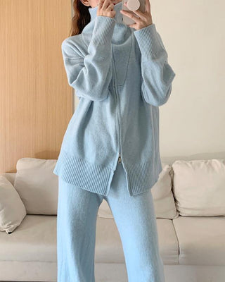 Cozy Knit Set - Wide Leg Pants & Oversized Zip-Up Sweater