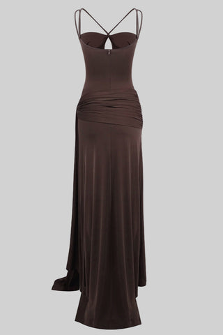 Mocha Draped Sleeveless Backless Long  with Double Straps & Thigh-High Slit