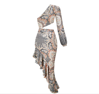 One-Shoulder Long Sleeve  Slit Long Dress