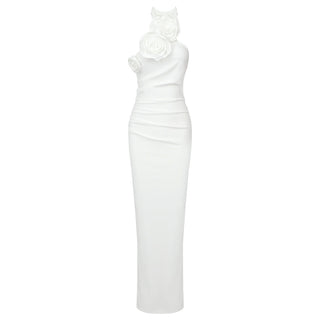Athena White Halter Flower Grecian Long Dress