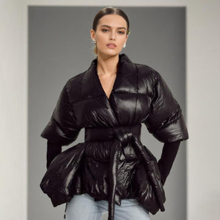Casual Slim Fit Puffer Jacket with Belt - Women's Long-Sleeve Wrap Coat