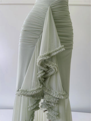 Elegant Sleeveless Long Mesh Dress with Ruffled Details
