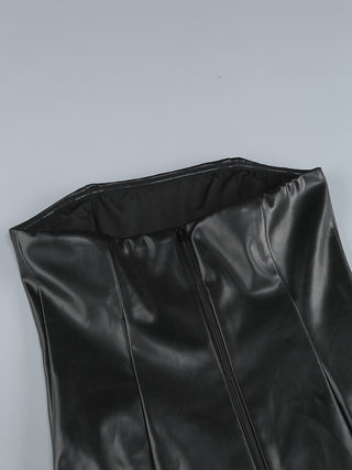 Elegant Strapless Faux Leather Gown with Lace Detail