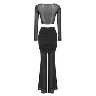 Chic Sheer Ruched Two-Piece Set - Elegant Long Sleeve Top & Flared Pants Combo