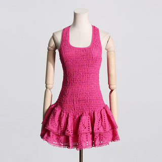 Ruffled Embroidered Sleeveless Mini Dress