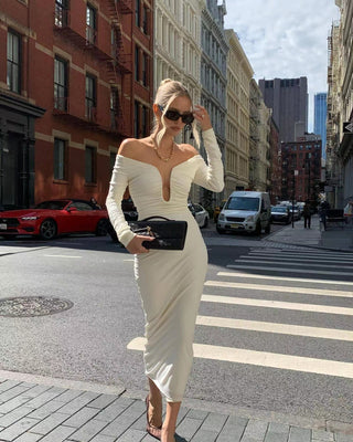 Elegant Off-Shoulder Long Sleeve U-Neck Tall Dress