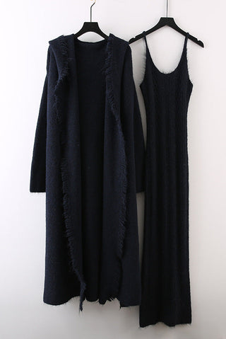 Knitted Maxi Dress and Long Hooded Cardigan Set with Fringe Trim
