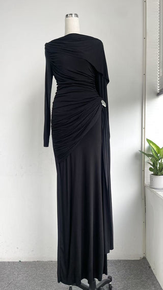Classic Draped Fit Stretch Fabric Long Sleeve Dress