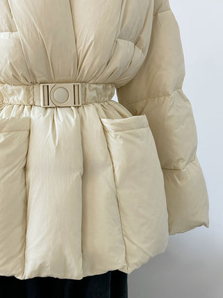 Premium Midi Puffer Jacket with Belt - White Duck Down Filled