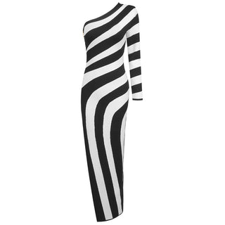 Tall Black and White One-Sleeve Striped Bodycon Dress with High Slit