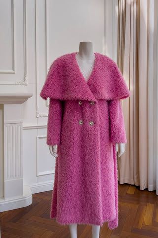 Pink Faux Fur Midi Coat with Oversized Collar
