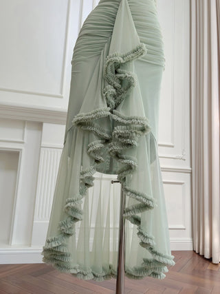 Elegant Sleeveless Long Mesh Dress with Ruffled Details