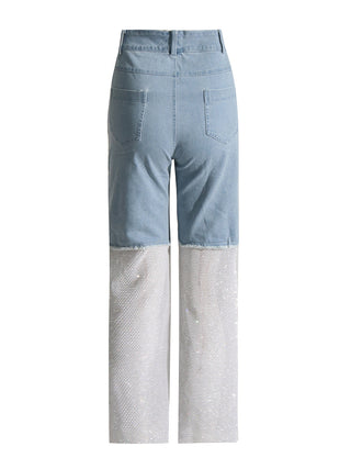 Rhinestone Fishnet Denim Pants