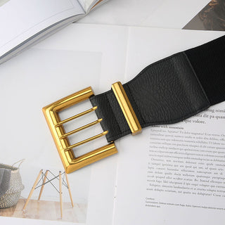 Wide Elastic Belt with Bold Gold Buckle