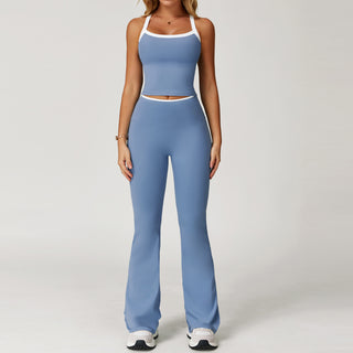 Contrast Trim Racerback Sports Set – Crop Tank & Flared High-Waist Leggings