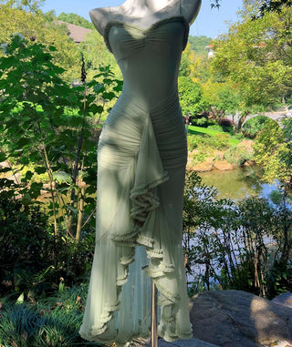 Elegant Sleeveless Long Mesh Dress with Ruffled Details