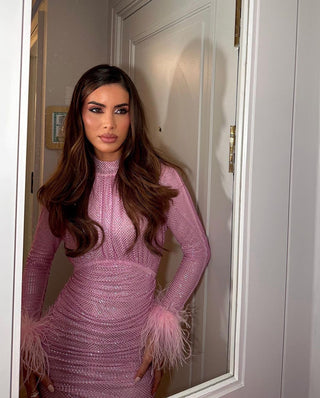 Pink Rhinestone Mini Dress with Feather Cuffs - Long Sleeve, High Neck