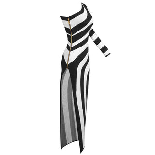 Tall Black and White One-Sleeve Striped Bodycon Dress with High Slit