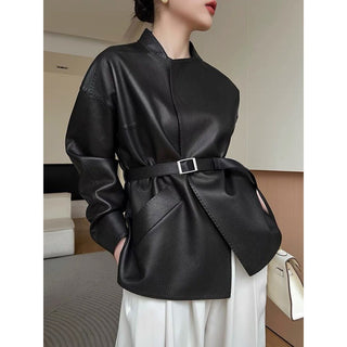 Short Faux Leather Jacket With Belt
