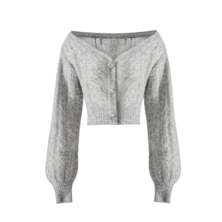 Luxury Off-Shoulder Mohair Cardigan with Crystal Button Accents