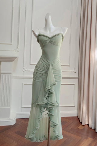 Elegant Sleeveless Long Mesh Dress with Ruffled Details