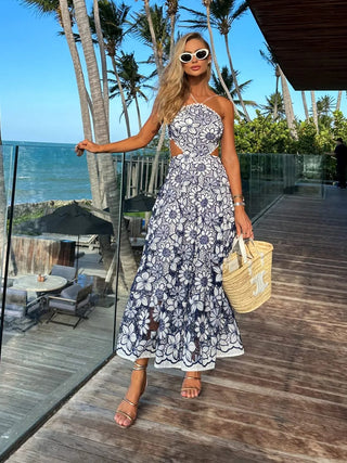 Floral Halter  Back Tie Long Dress