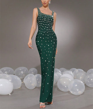 Luxury Rhinestone U-Neck Sleeveless Bandage  Elegant Bodycon Fit Long Dress