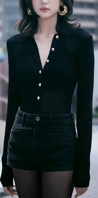 Long Sleeve Ribbed Knit Bodysuit with Collar & Button Front