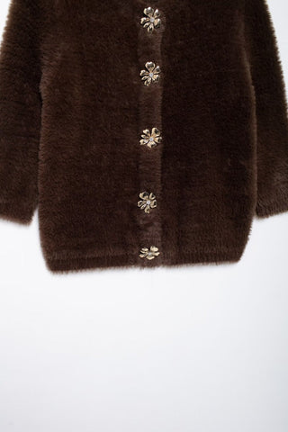 Faux Fur Cardigan Top with Floral Button Detailing