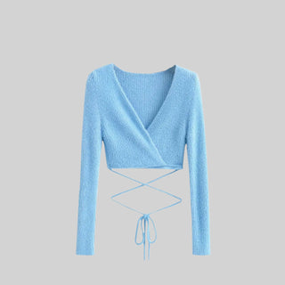 Slim Fit V-Neck Wrap-Around Long Sleeve Crop Top