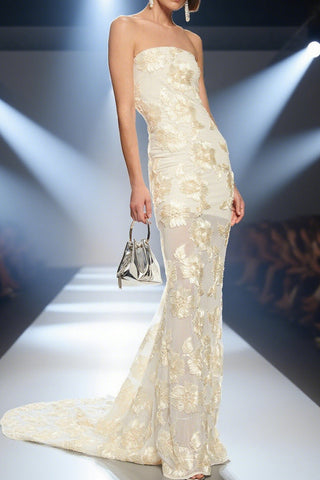 Strapless 3D Floral Mesh Gown with Train
