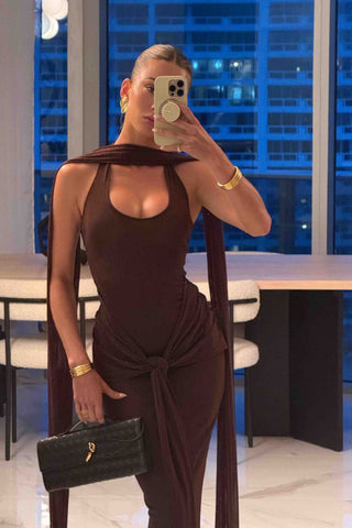 Coffee Metallic Halter Long Dress Backless Slim Fit with Waist Tie Detail