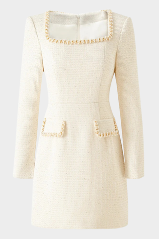 Pearl Trim Tweed Long Sleeve Square Neck Dress
