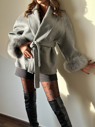 Double-Faced Wool Coat with Fur Cuffs - Mid-Length, Belted Wrap Coat