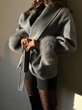 Double-Faced Wool Coat with Fur Cuffs - Mid-Length, Belted Wrap Coat