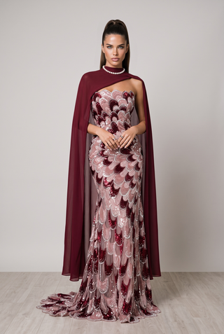 Shimmer Petal Sleeveless Long Dress with Draped Scarf