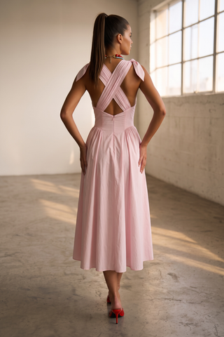 Tie-Shoulder V-Neck Open Back Flared Midi Dress